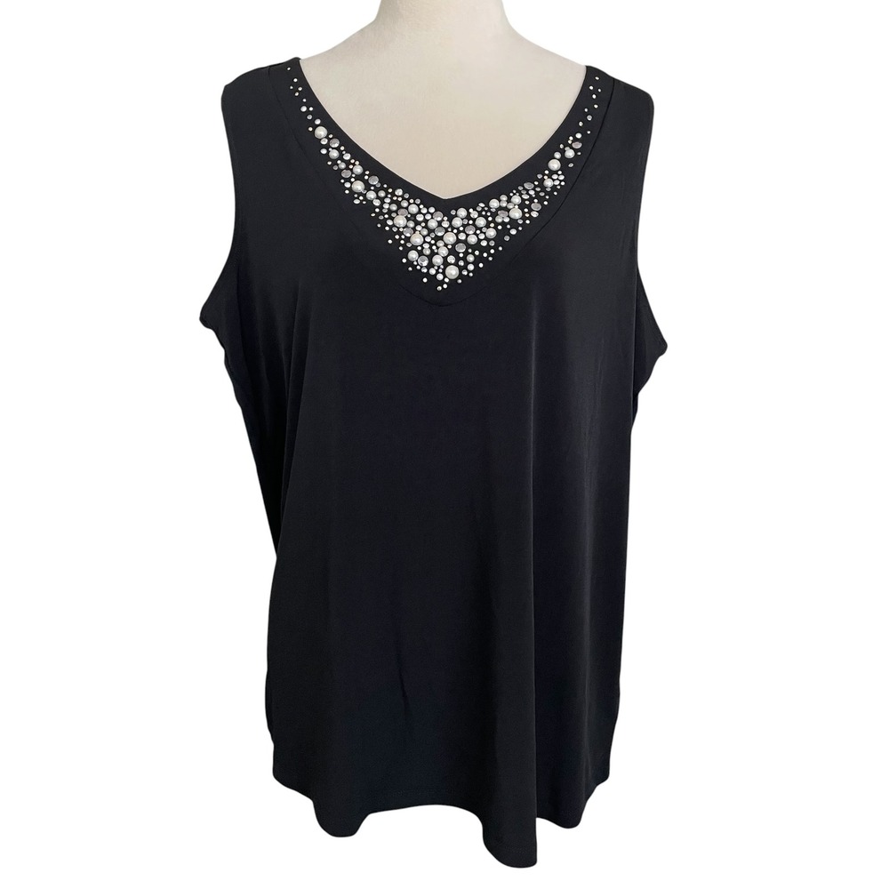 Susan Graver Beaded Neckline Liquid Knit Sleeveless Top Womens 1X Black Elegant